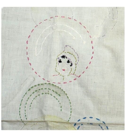 Vintage Hand Embroidered Baby Doll Child Faces & Printed Fabric  56.5 x 33.5 SEE - Picture 7 of 7